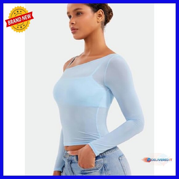 Sheer Long Sleeve Crop Top, One Shoulder Yoga Tee, Quick-Dry Workout - Picture 5 of 8